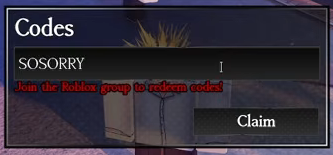 Ishin codes panel with the code SOSORRY entered, the join-the-Roblox-group note and the Claim button