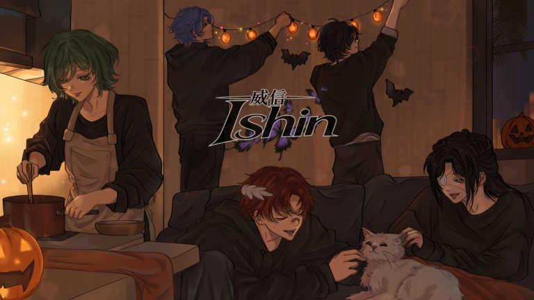 Ishin key art of students hanging string lights, cooking and petting a white cat in a Halloween-decorated room