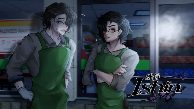 Ishin artwork of two convenience-store employees in green aprons standing in front of an employees-wanted window