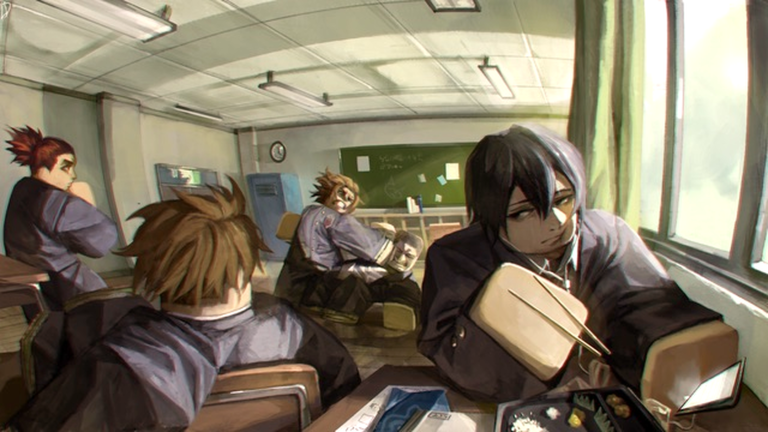Ishin students relaxing at desks in a sunlit classroom while one eats from a lunch box